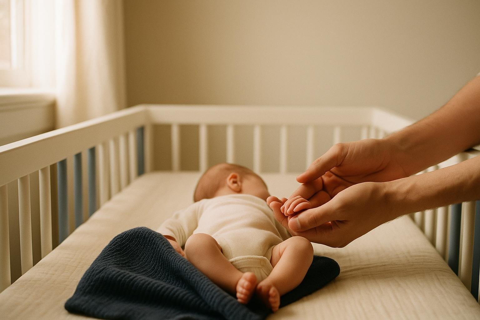 Parent gently holding their newborn baby's hand in a crib at home