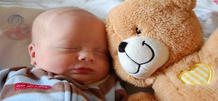 newborn sleeping with teddy bear